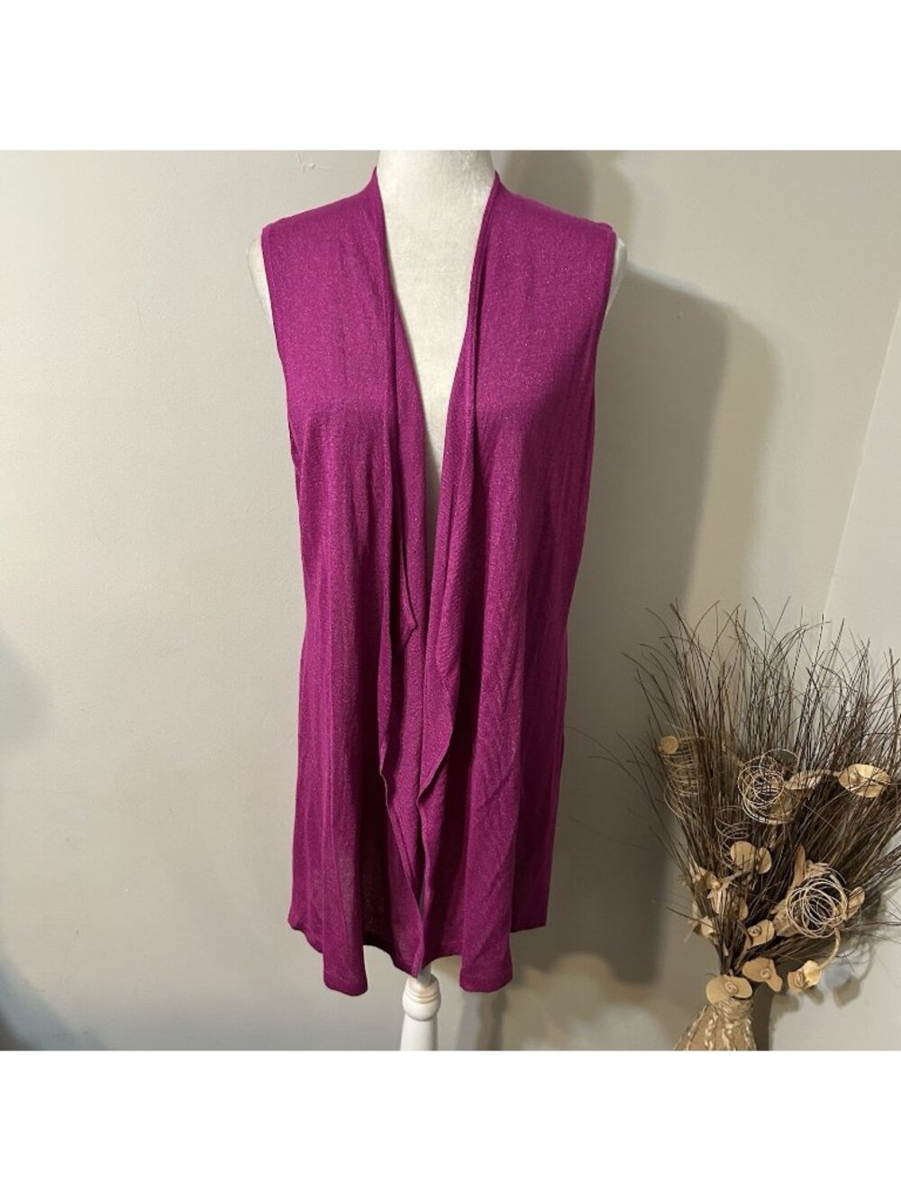 New Allison Daley Draped Open Cardigan Sweater Duster Pink Metallic Sleeveless M